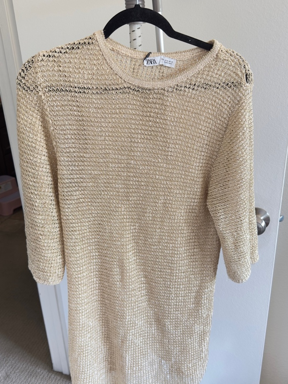 Zara Cream Open-Knit Crewneck Sweater Dress